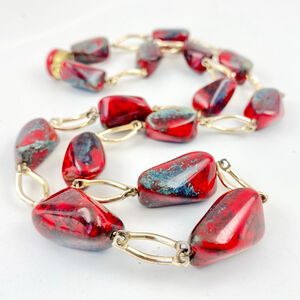 Vintage Art Deco Red & Blue Czech Picasso Glass Beaded Necklace, Gold Tone.
